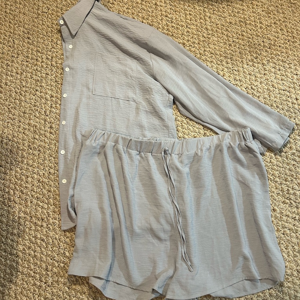 Pink and Gray Button-Up Shirt and Shorts Set - Picture 3 of 5